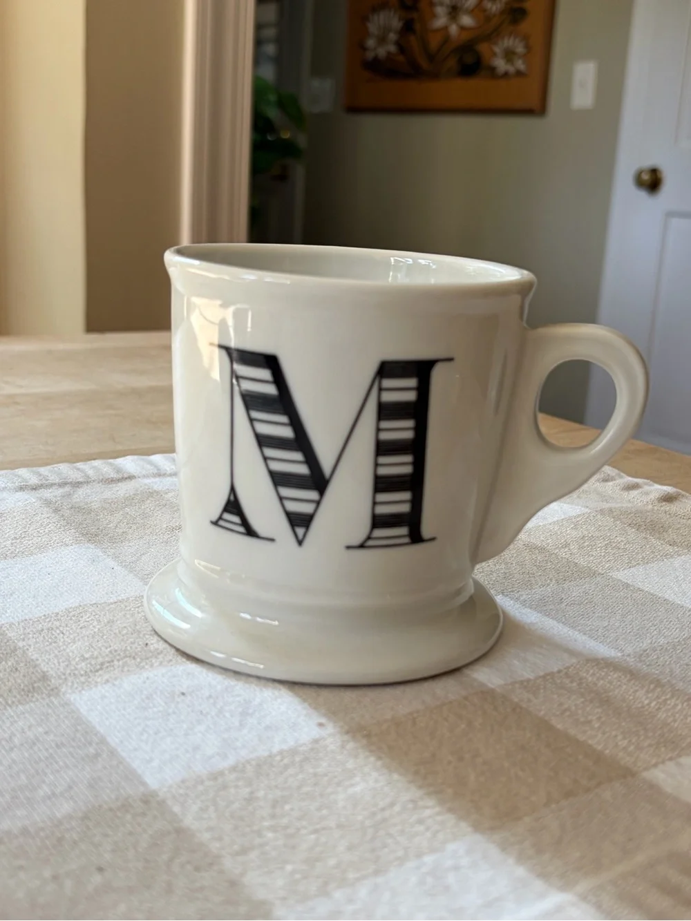 Anthropologie Classic Monogram Cream Ceramic Mug with Black Striped 'M'